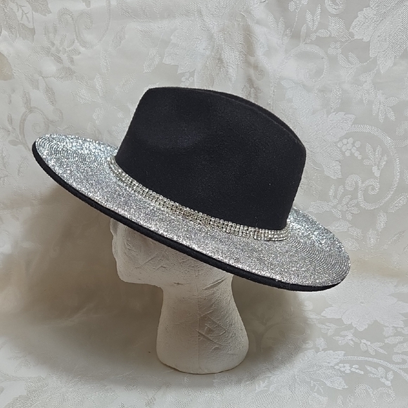 CoG New York Black Felt Rhinestone Big Brimmed Hat - Picture 1 of 7